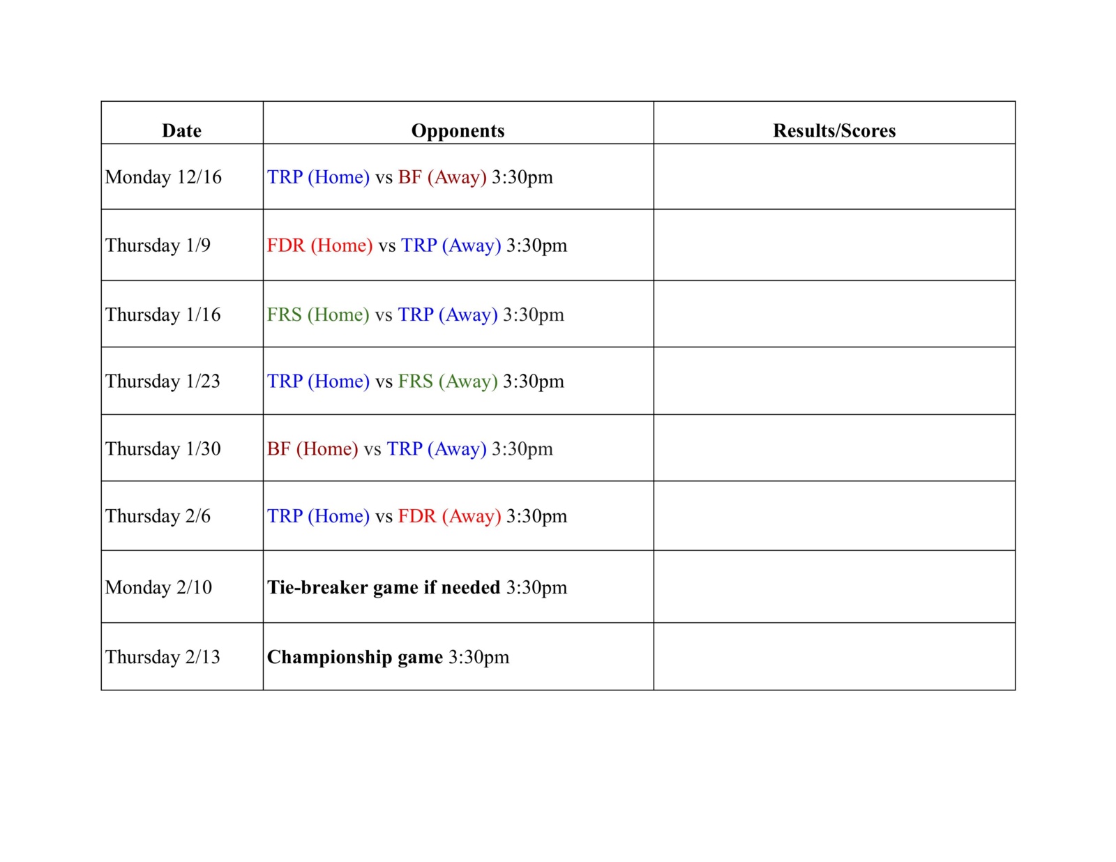Boys' Game Schedule
